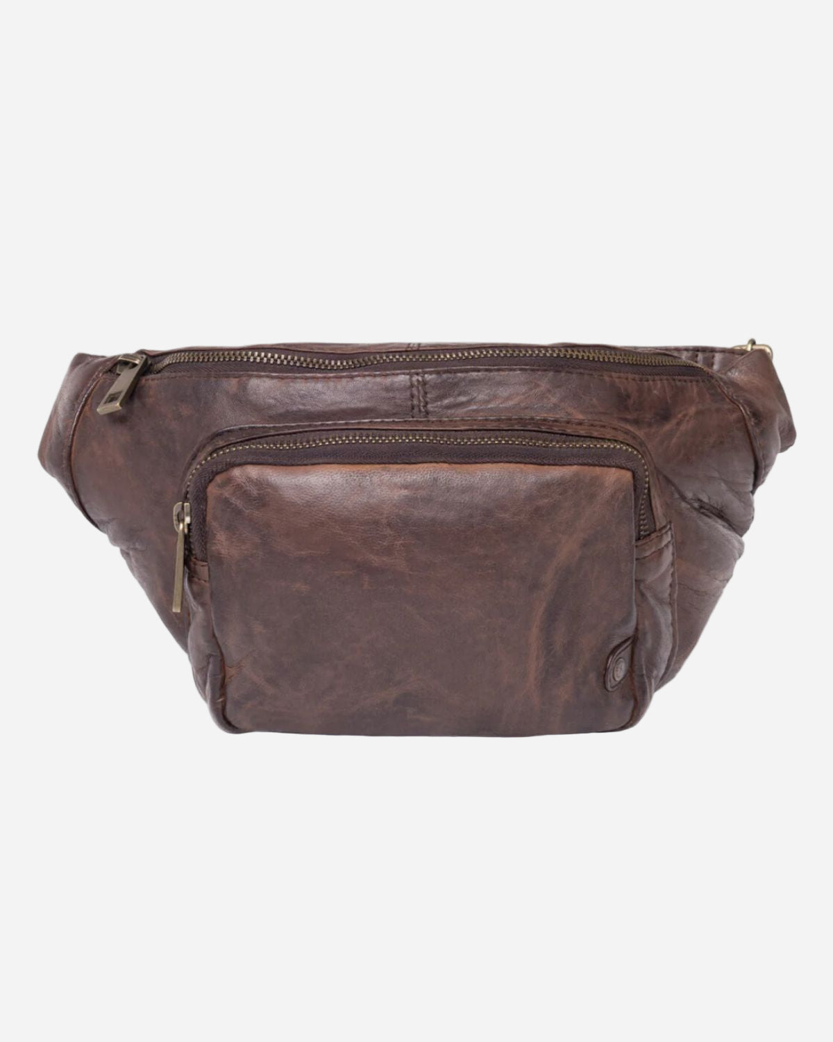 Brown leather waist bag on a white background