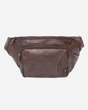 Brown leather waist bag on a white background