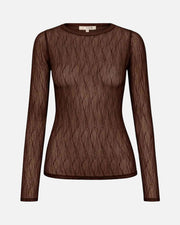 A long-sleeve brown sheer lace top with an intricate wavy pattern, displayed on a white background.