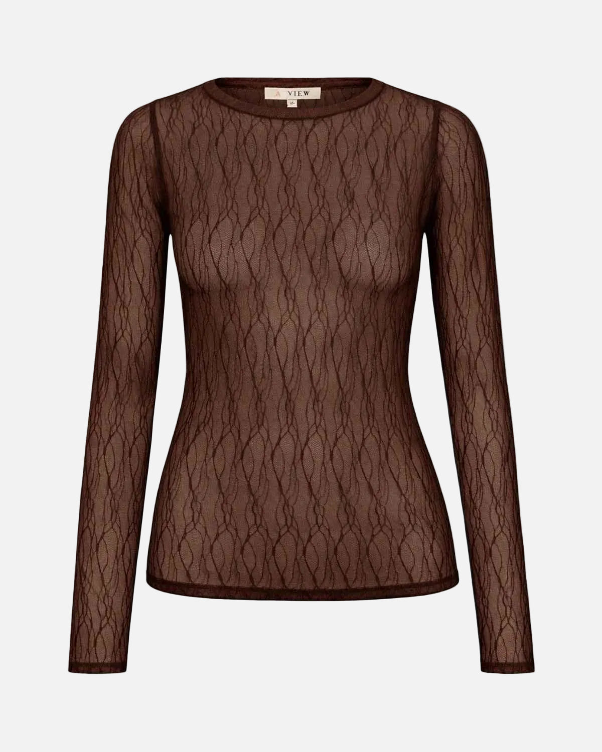 A long-sleeve brown sheer lace top with an intricate wavy pattern, displayed on a white background.