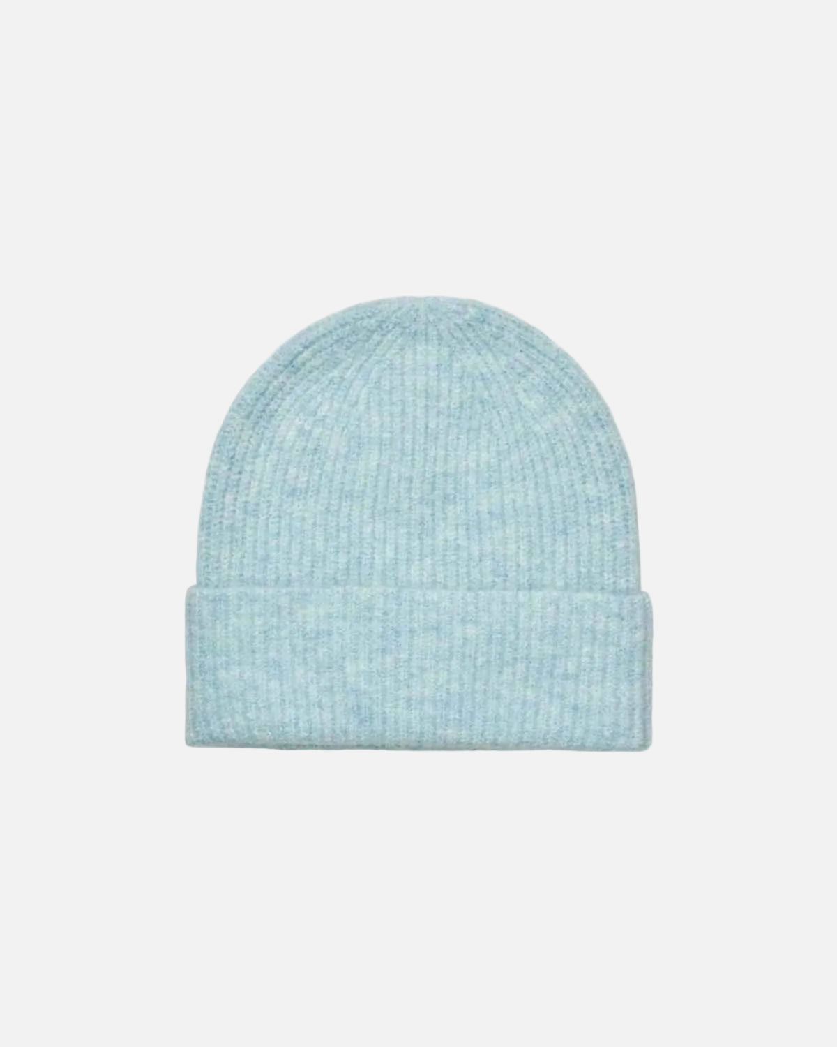A light blue heathered ribbed knit beanie hat, shown flat against a solid white background.