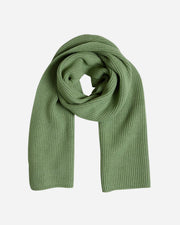 Green knitted scarf on a white background