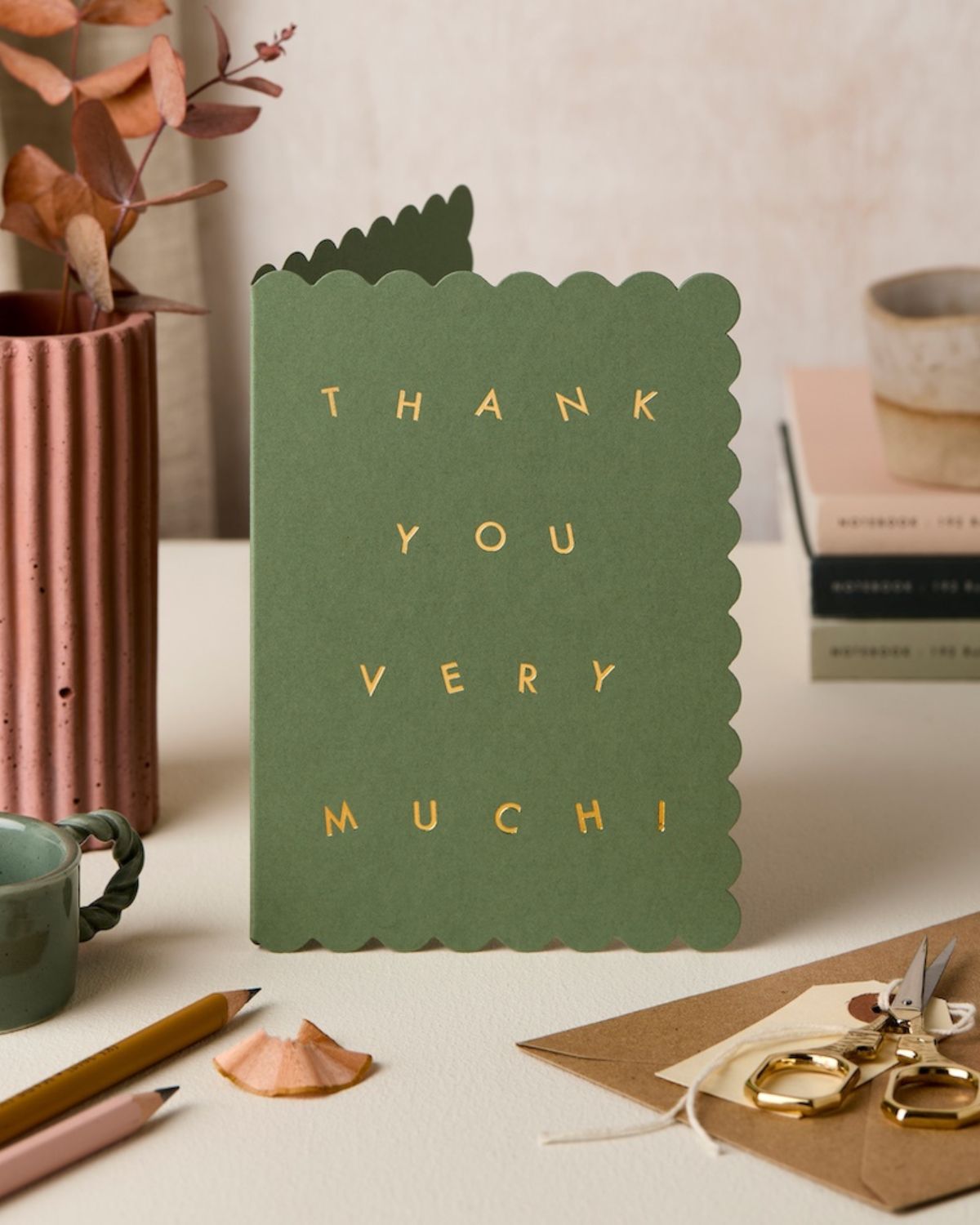 Green scallop edge card with gold embossed THANK YOU VERY MUCH!