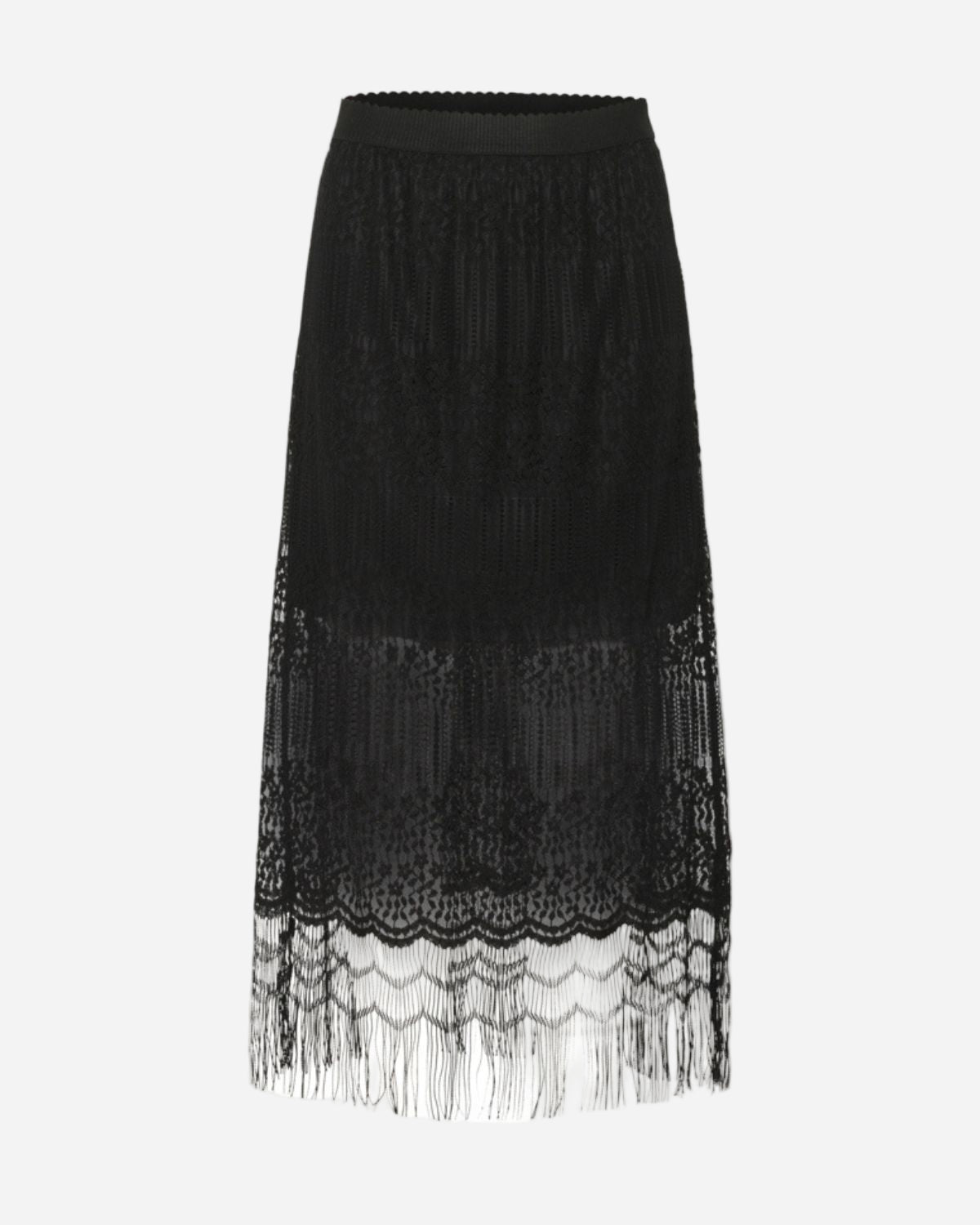 Black lace skirt with fringe on a white background