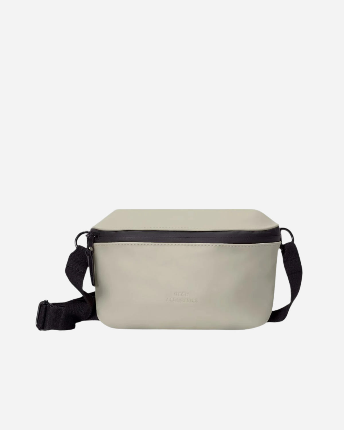 Light green crossbody bag with black zip and strap