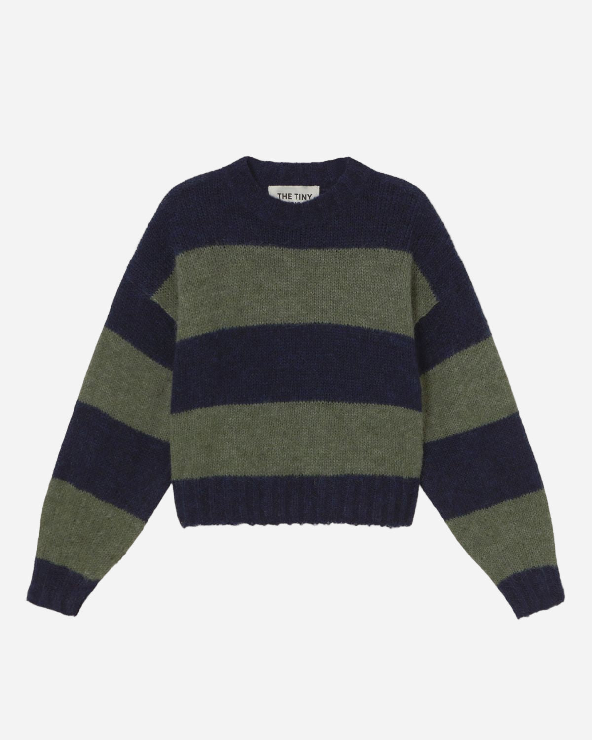 Navy and green striped sweater on a white background