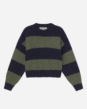 Navy and green striped sweater on a white background