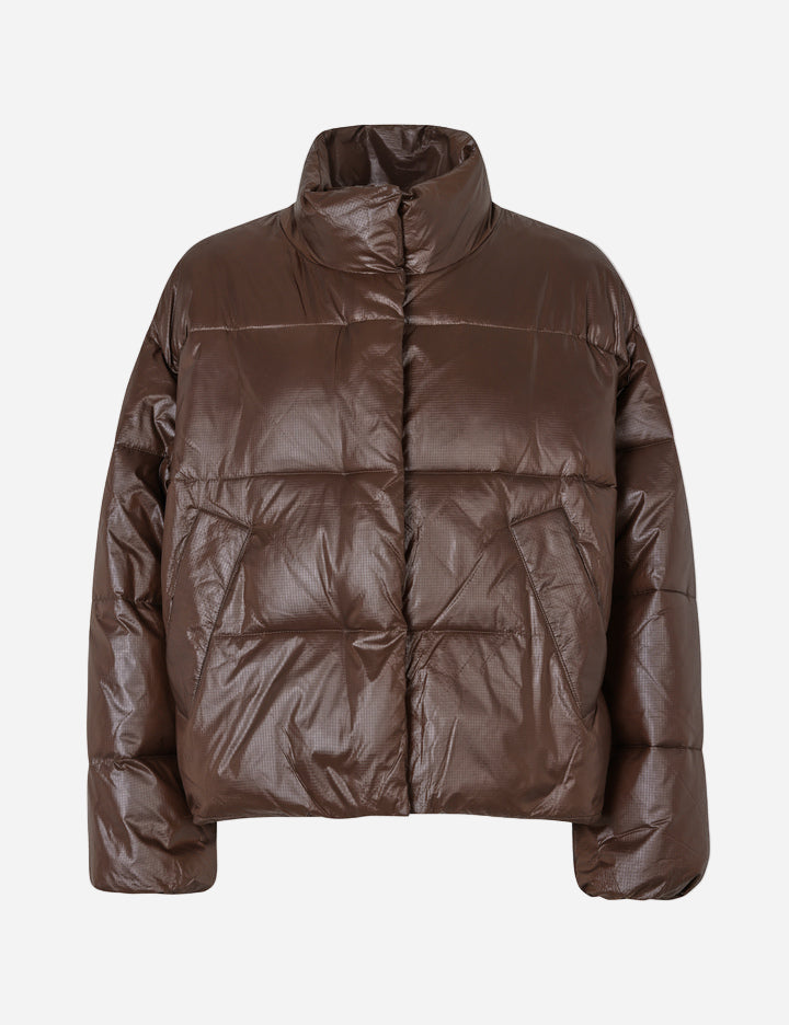 Brown puffer jacket on a white background
