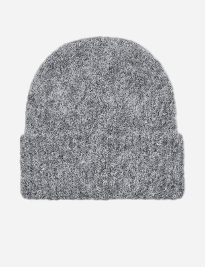 Gray knit beanie on a white background