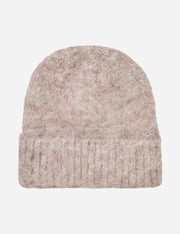 Beige knit beanie on a white background