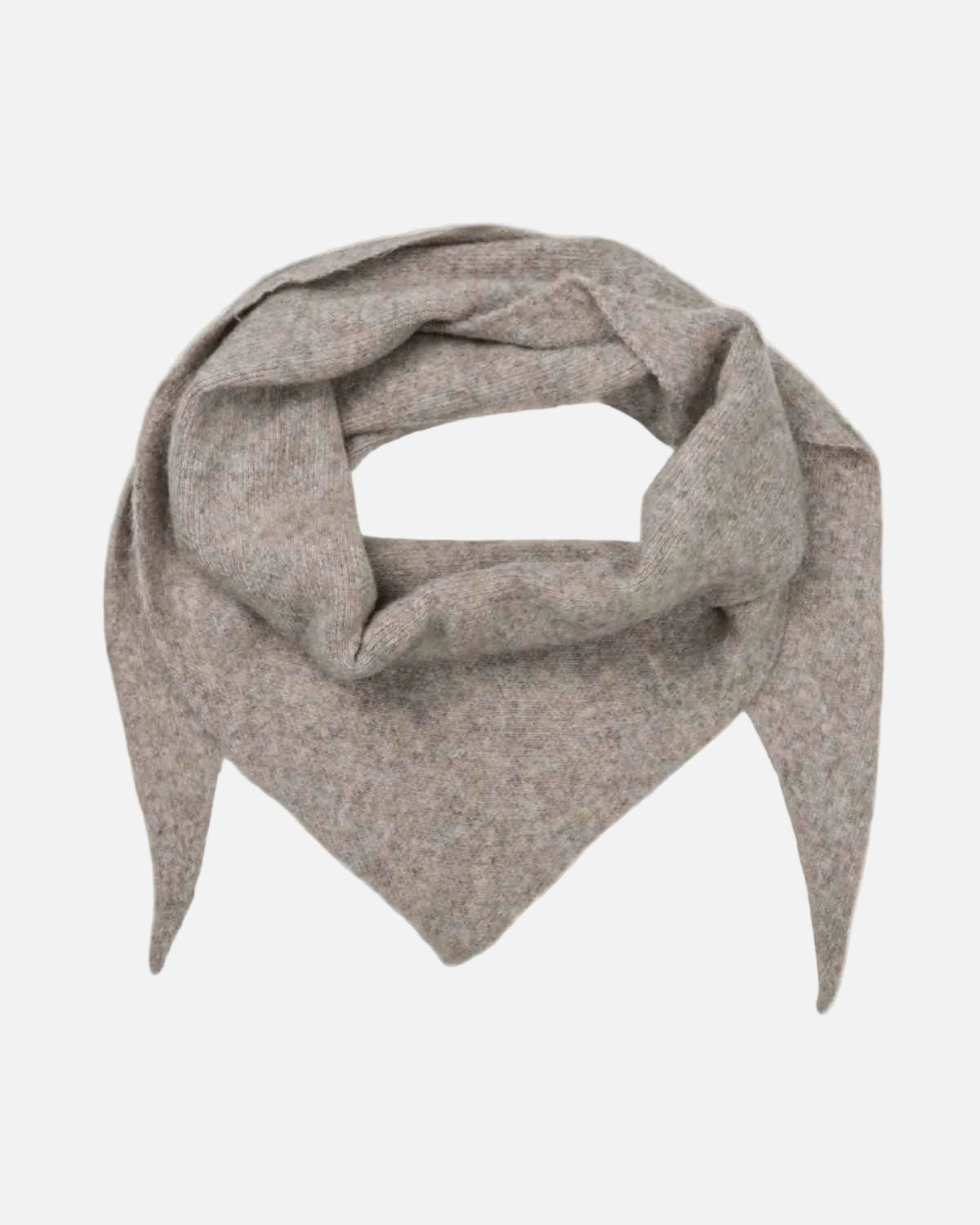 A light brown textured scarf, folded and draped in a loop shape on a solid white background.