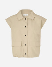 Beige sleeveless shirt with button details on a white background