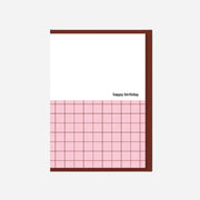 pink grid pattern and 'happy birthday' CARD  on a white background