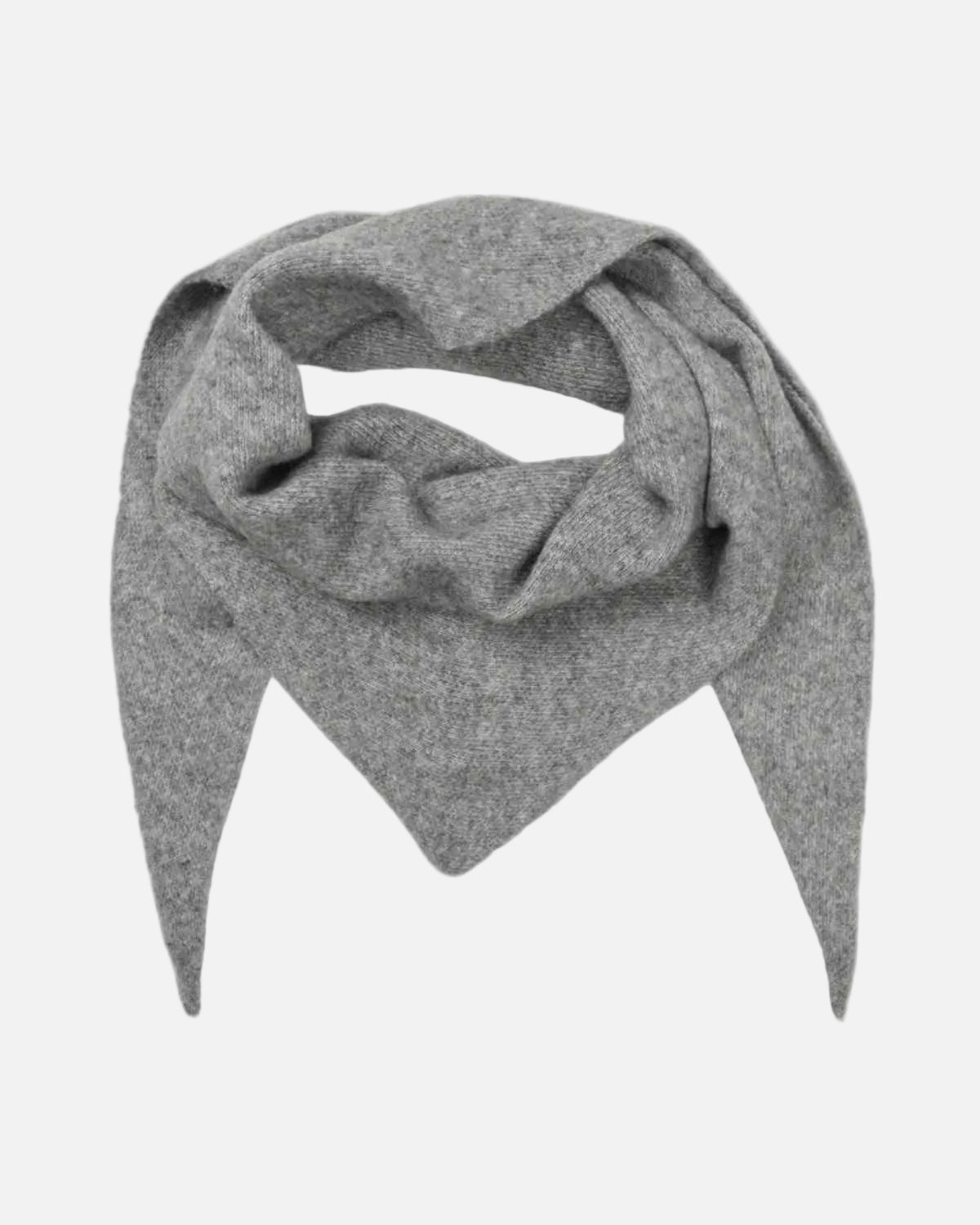 A gray heathered knit scarf, styled in a triangular knot, displayed on a clean white background.