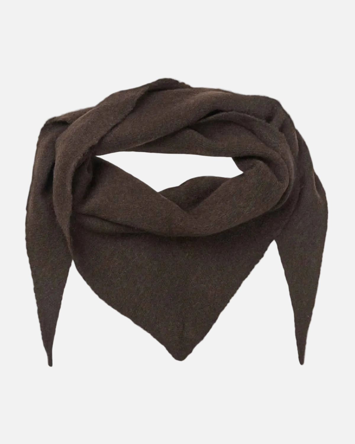 A dark brown knit bandana or scarf, styled in a loose knot, displayed against a solid white background.