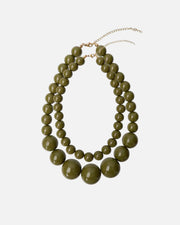 A multi-strand statement necklace featuring glossy olive green beads of varying sizes, accented by a gold-tone clasp and extension chain, shown on a plain white background.