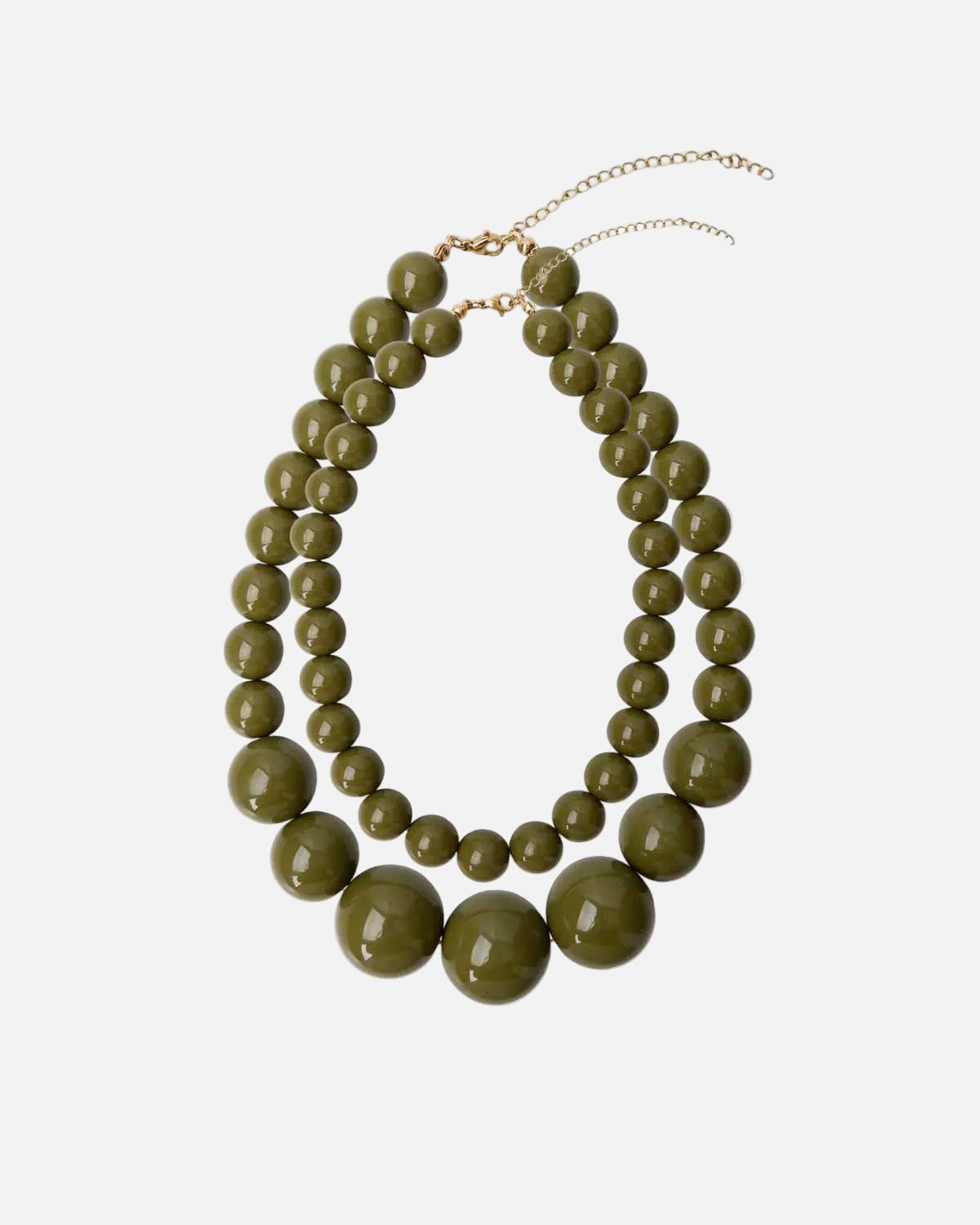 A multi-strand statement necklace featuring glossy olive green beads of varying sizes, accented by a gold-tone clasp and extension chain, shown on a plain white background.