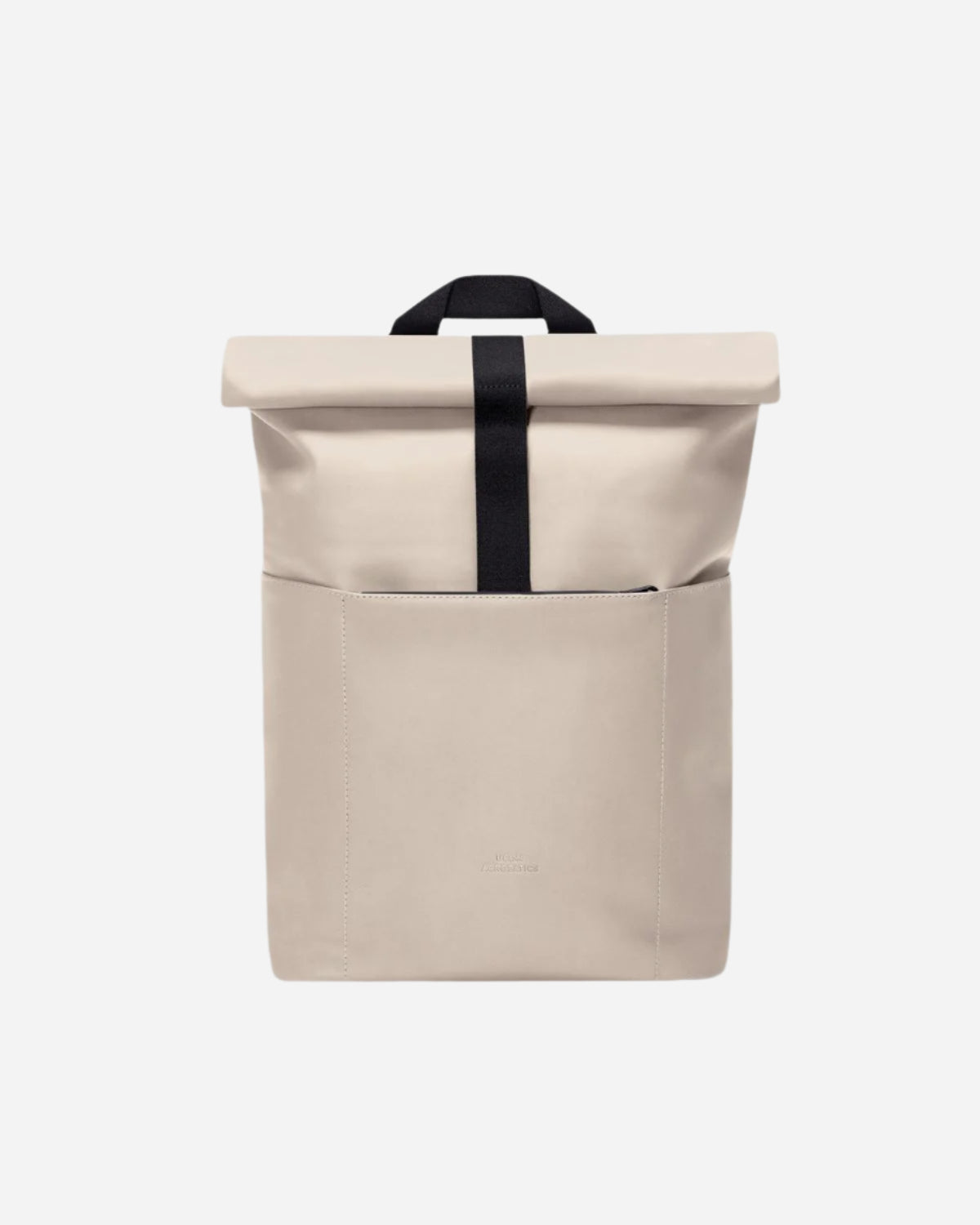 Beige rolltop back back with black carry handle and fastening