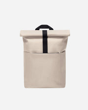 Beige rolltop back back with black carry handle and fastening