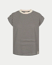 A sleeveless black and beige striped t-shirt with a classic O-neck and a boxy fit.