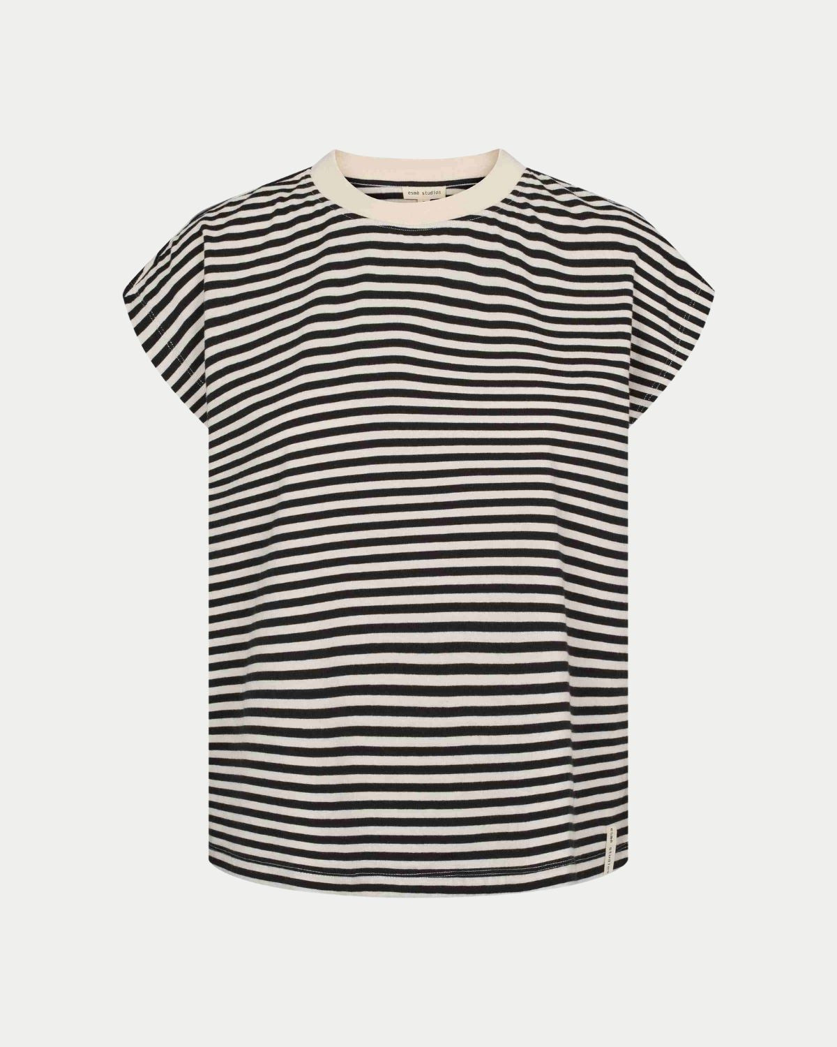 A sleeveless black and beige striped t-shirt with a classic O-neck and a boxy fit.