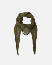 An olive green open-knit triangular scarf, styled in a loop to show its airy mesh texture, set against a plain white background.