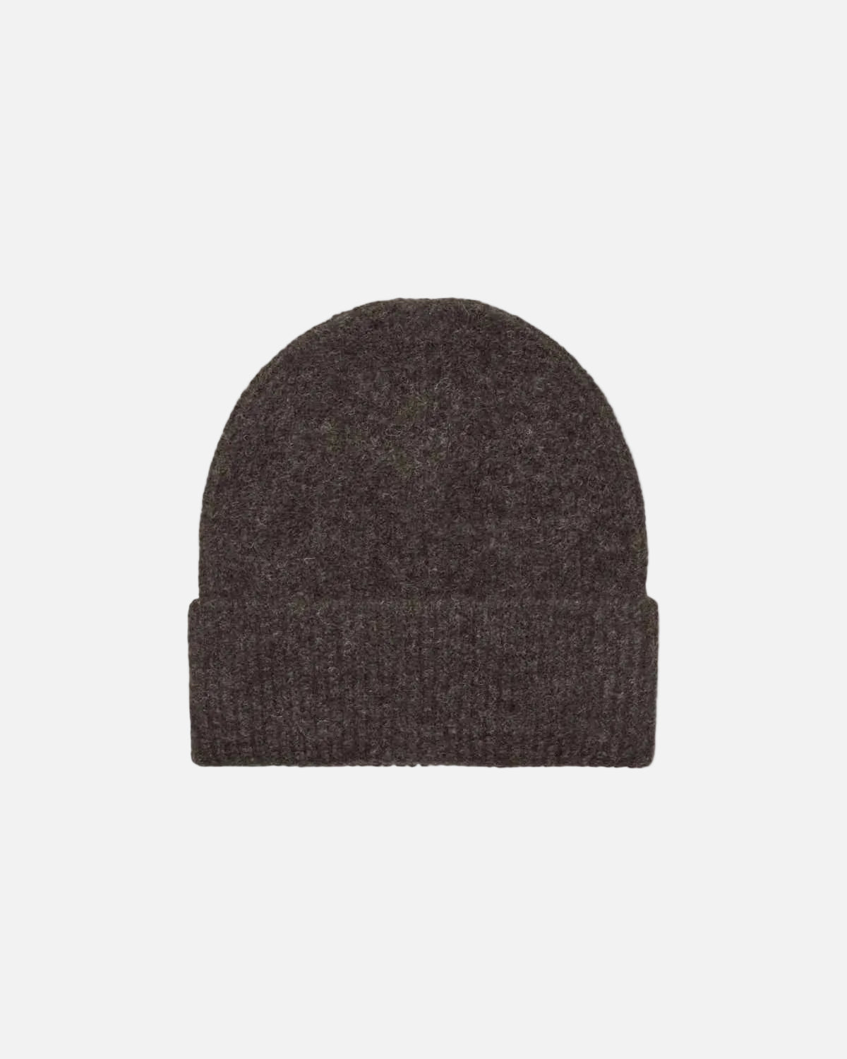 A dark brown knit beanie hat with a folded cuff, shown flat against a solid white background.
