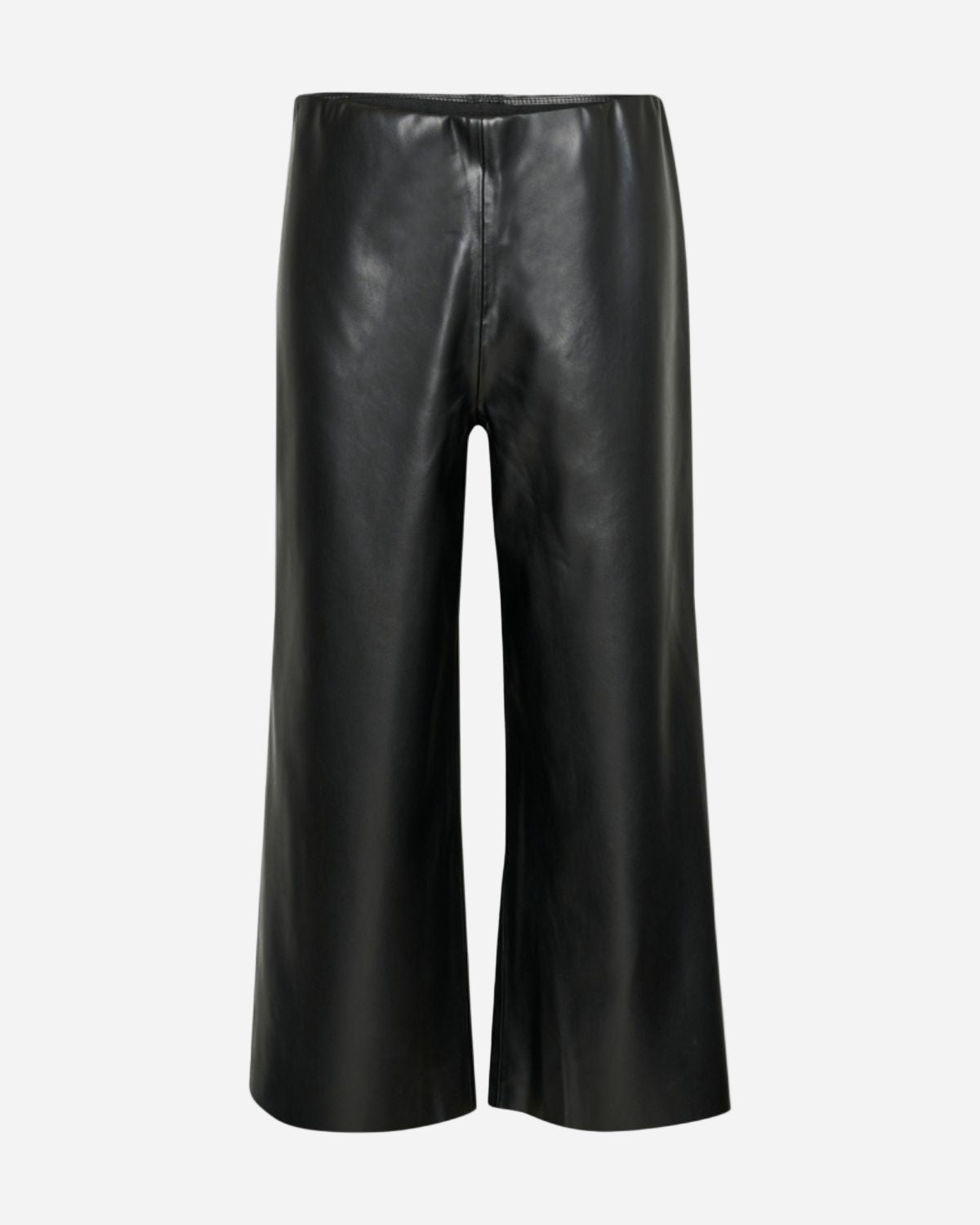Black faux eather pants on a white background