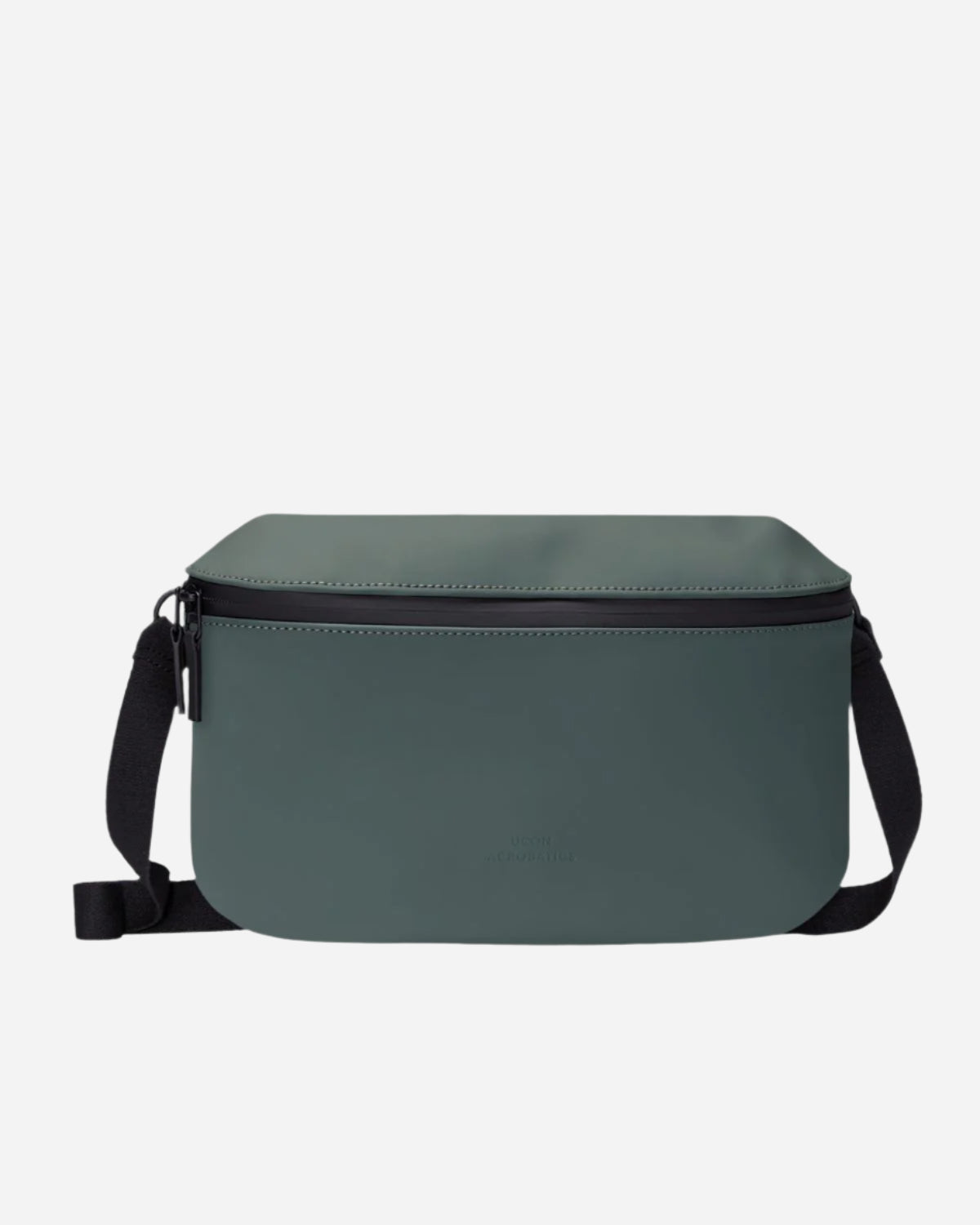 Dark green crossbody bag with black zip and strap
