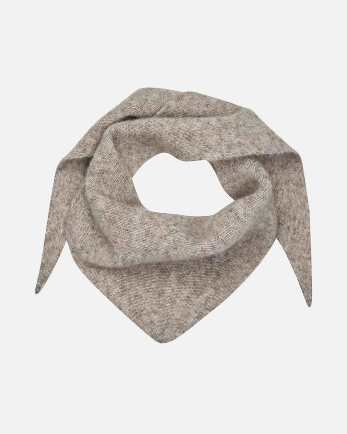 A light beige textured knit bandana or scarf, folded and arranged in a loop on a solid white background.