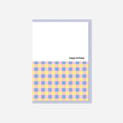 Greeting card with pastel checkered pattern and 'happy birthday' text on a white background