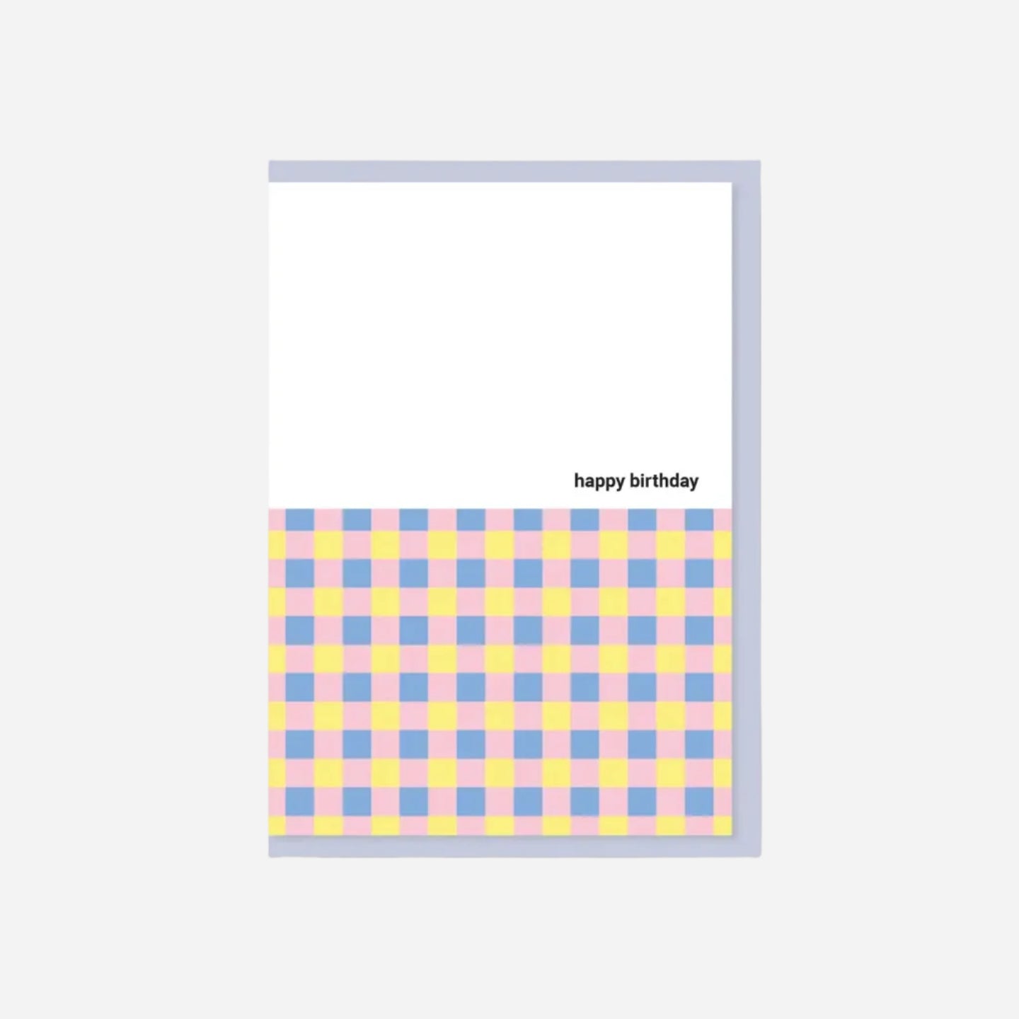 Greeting card with pastel checkered pattern and 'happy birthday' text on a white background