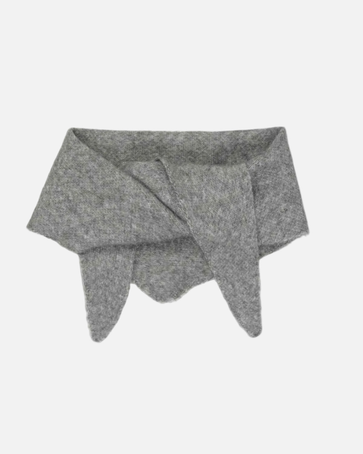 A folded gray knit fabric accessory, likely a scarf or neck warmer, displayed on a solid white background.