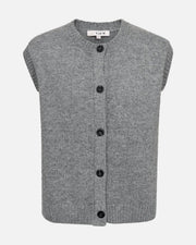 A gray sleeveless knit cardigan vest with black buttons, shown flat against a white background. The brand name 'S.