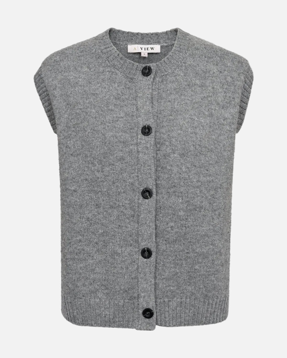 A gray sleeveless knit cardigan vest with black buttons, shown flat against a white background. The brand name 'S.