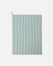 A rectangular fabric pouch or bag with a vertical green and white stripe pattern, featuring a small white loop at the top left corner, shown against a plain white background.