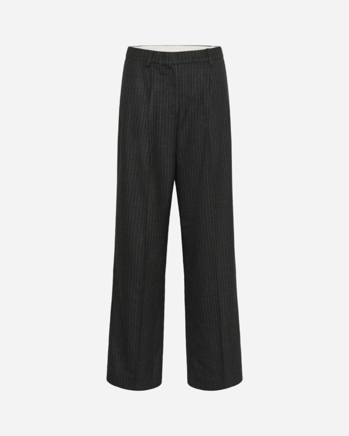 Grey pinstripe pants on a white background
