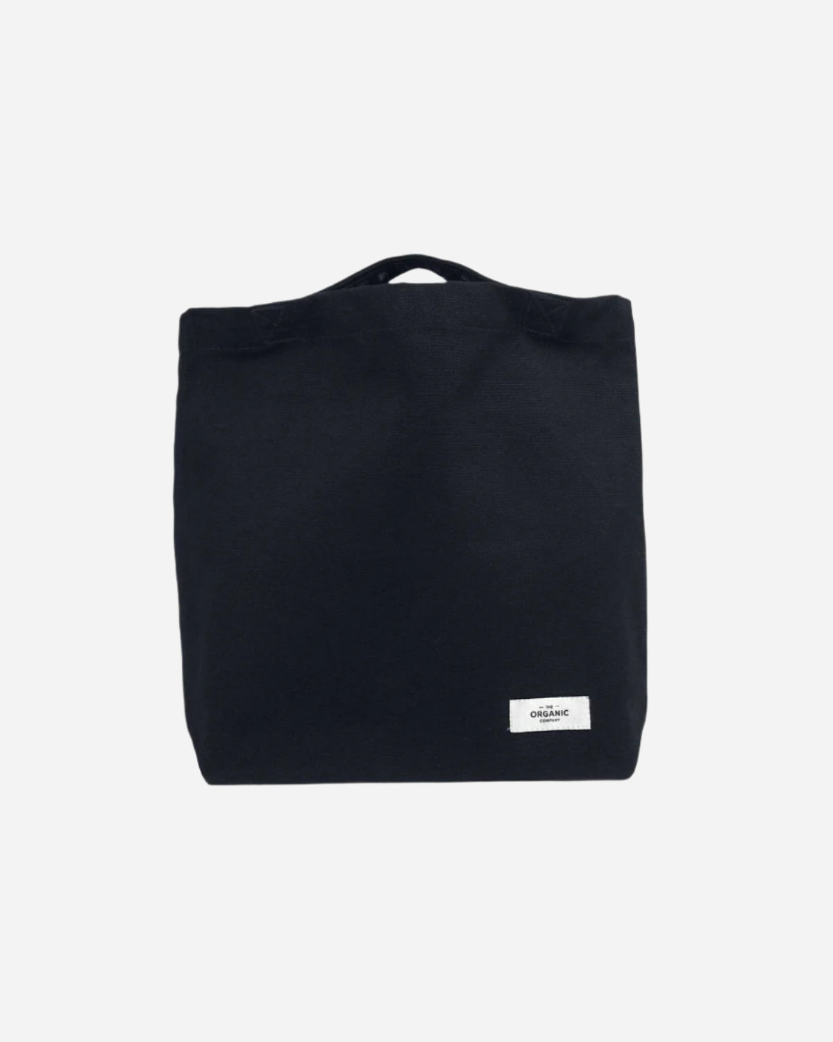 Black tote bag with a small visible brand label on a white background