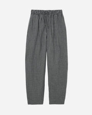 Black and white checkered pants on a light gray background