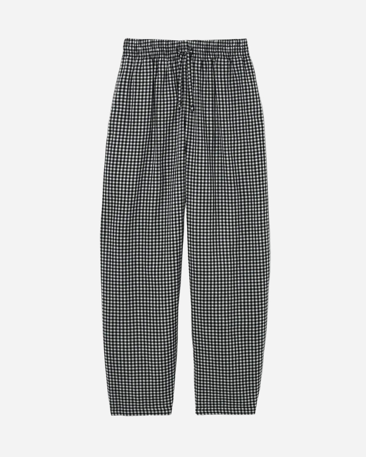 Black and white checkered pants on a light gray background
