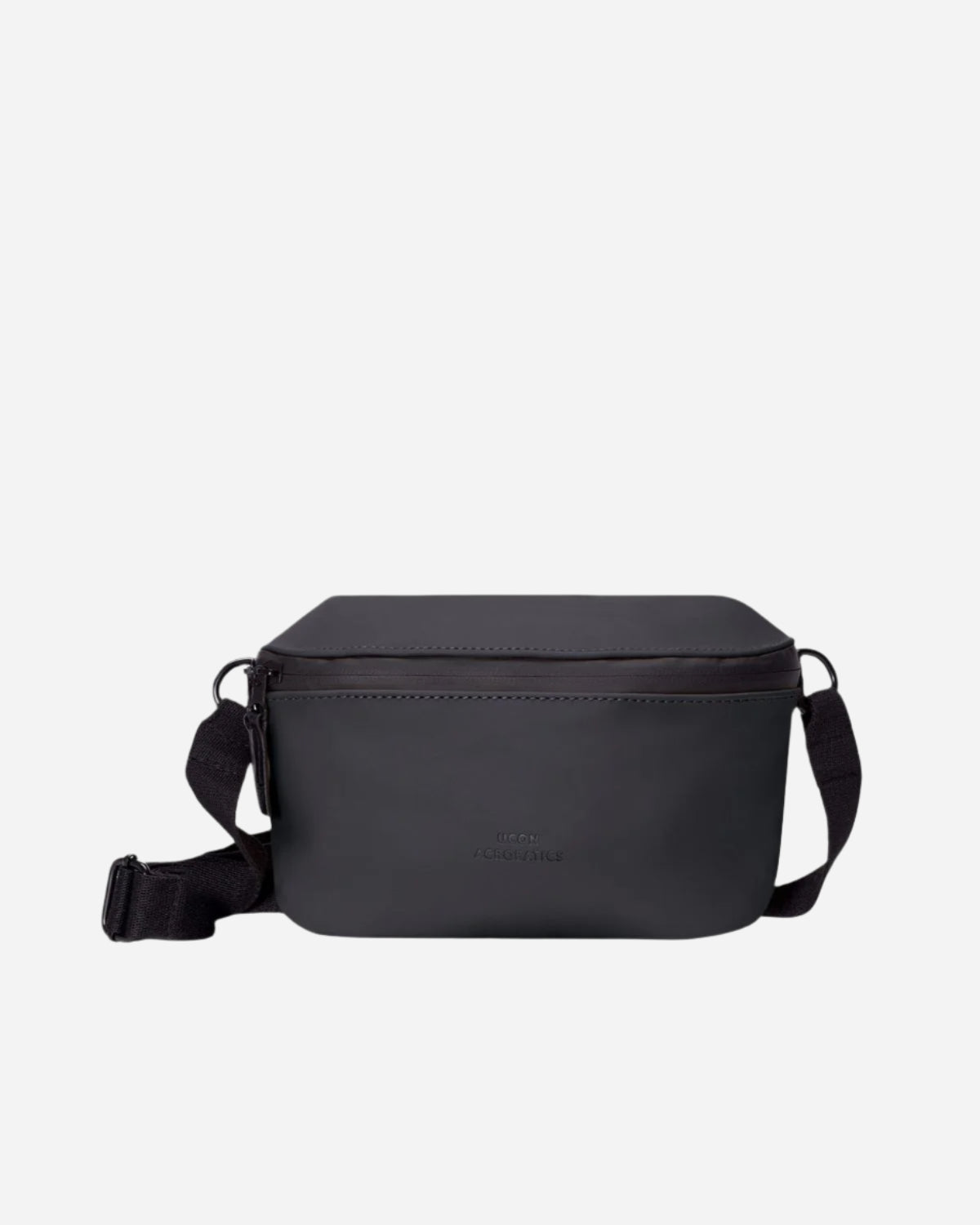 Black crossbody bag with black zip and strap