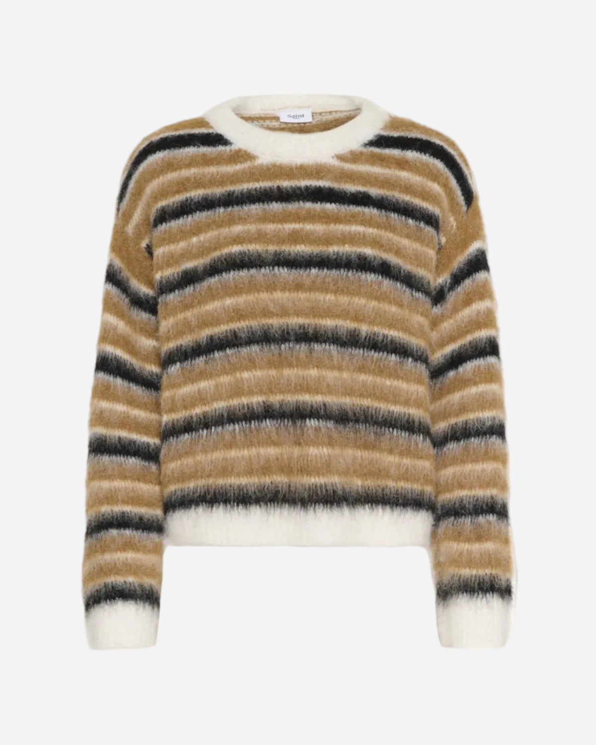 Striped sweater with brown, black, and white colors on a white background