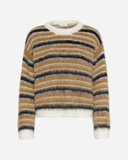 Striped sweater with brown, black, and white colors on a white background