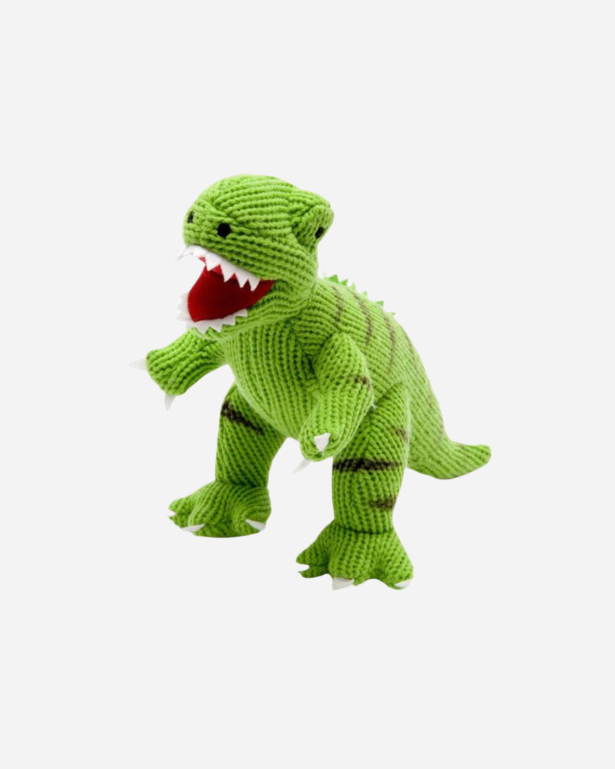Green knitted dinosaur toy on a white background