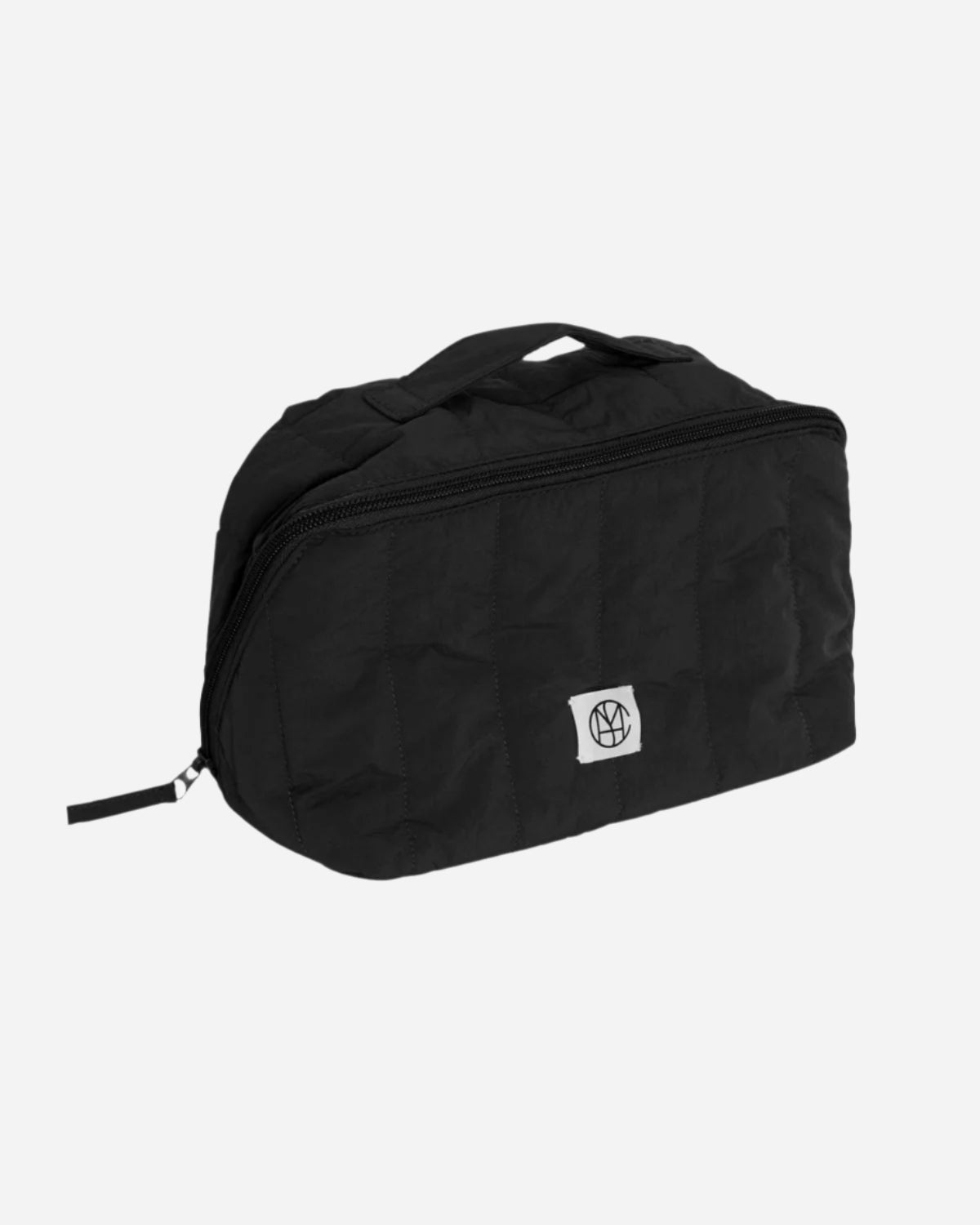 Black toiletry bag with a logo on a light gray background