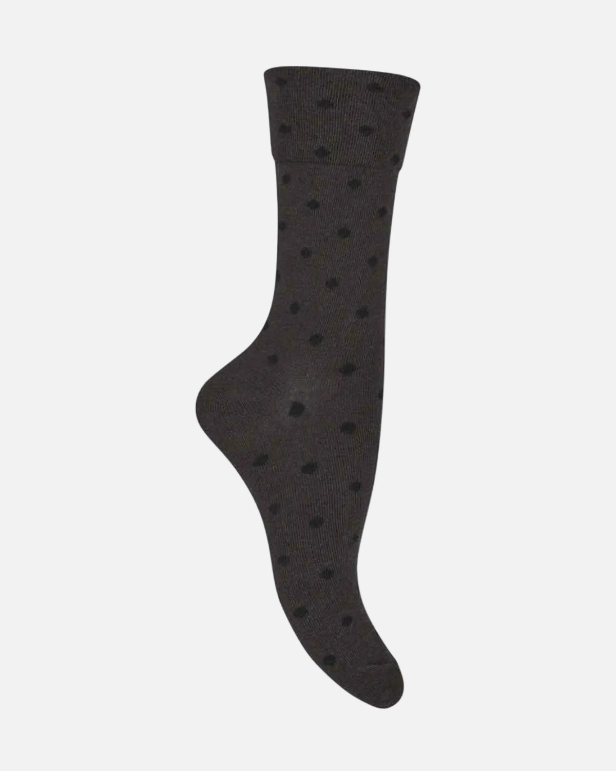 A single dark gray sock with a pattern of small black polka dots, shown against a plain white background.