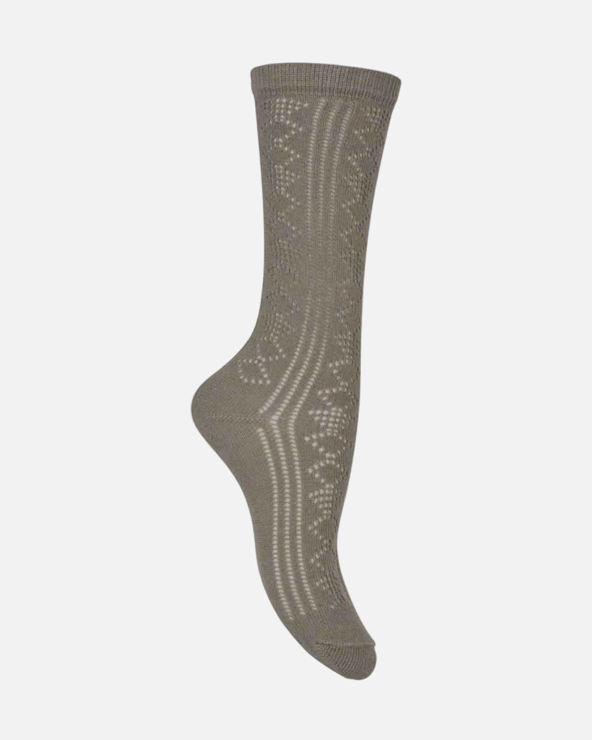 A single taupe-brown knit sock with a textured, openwork pattern, shown floating against a solid white background.