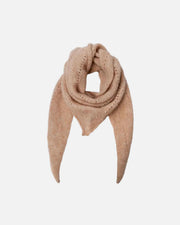 A light tan knit scarf with a triangular shape, knotted at the top and featuring a delicate openwork pattern, displayed against a solid white background.
