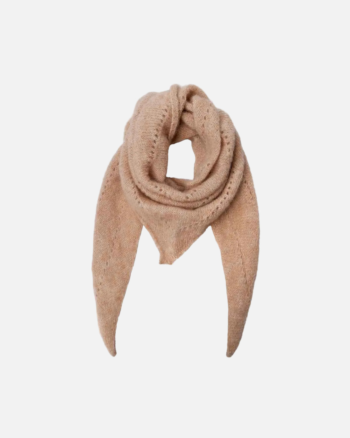 A light tan knit scarf with a triangular shape, knotted at the top and featuring a delicate openwork pattern, displayed against a solid white background.