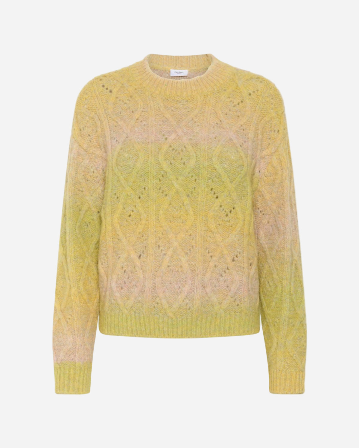 Yellow sweater with intricate pattern on a white background